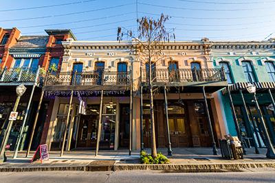 Downtown Mobile with mardi gras beads.